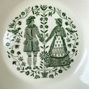 Vintage Royal China Company Sebring Ohio 13" Bowl, Green & Ivory, Dutch Couple